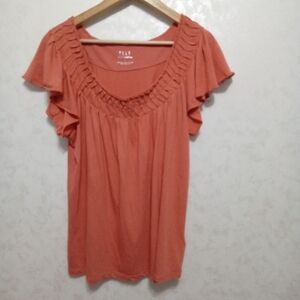 Elle Coral Ruffled Scoop Neck Pima Cotton Blend Tee - Size L